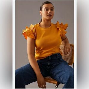 Anthropologie yellow ribbed ruffle sleeve top slightly cropped size 1X B20